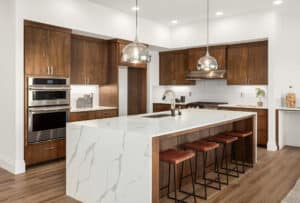 Modern Custom Kitchen Interior Waterfall Quartz Countertop