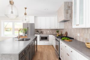 gray granite countertops white cabinets kitchen