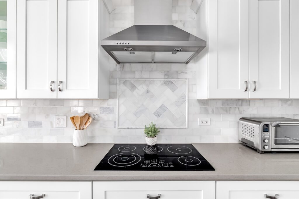 white and grey luxury kitchen backsplash