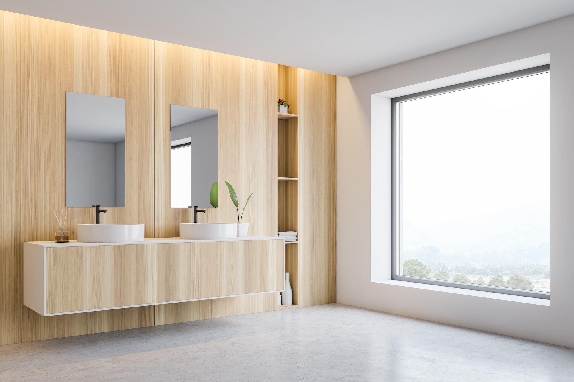 modern style bathroom with frameless cabinets