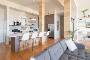 luxury penthouse kitchen with midcentury backsplash