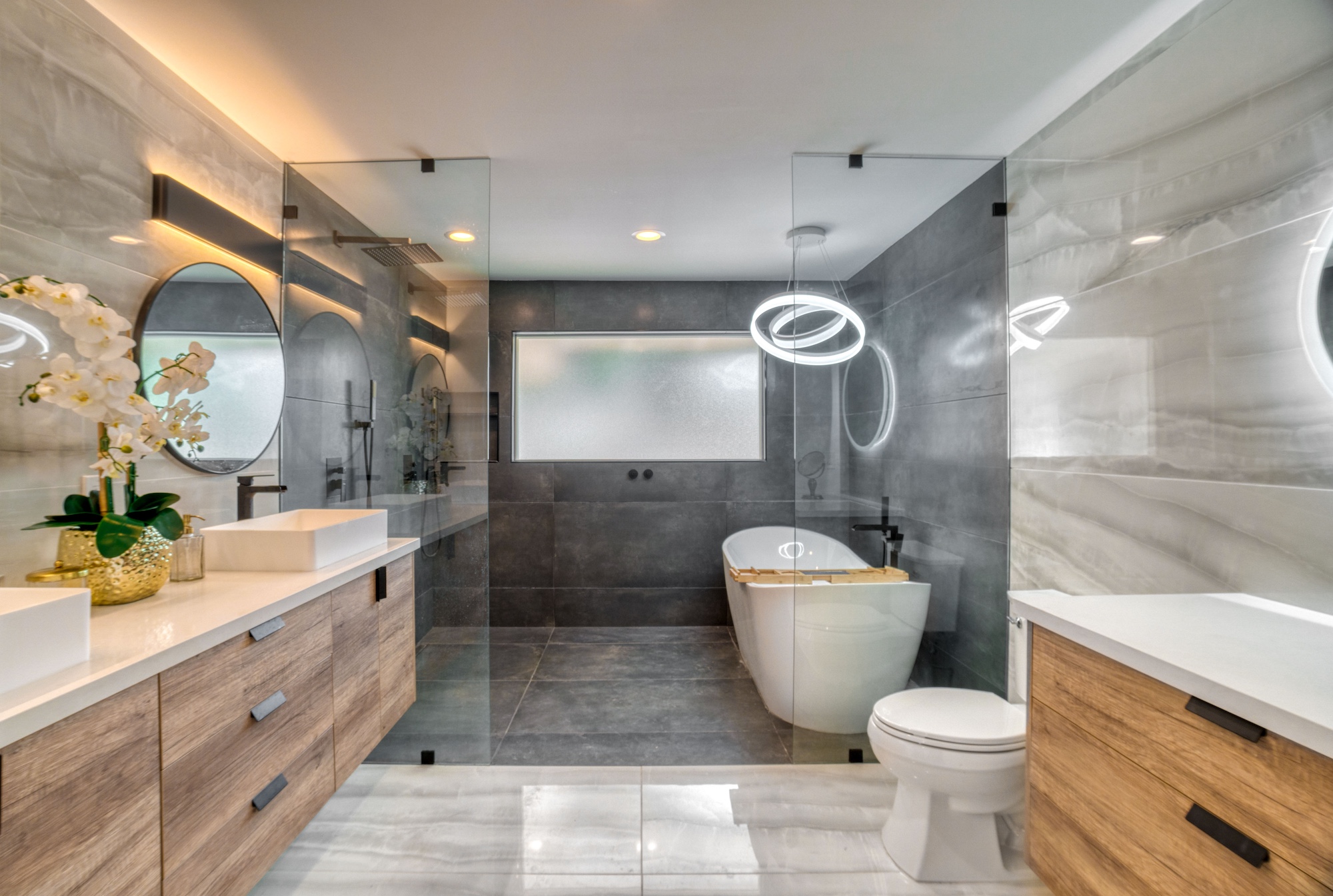 luxury doorless shower black and white bathroom