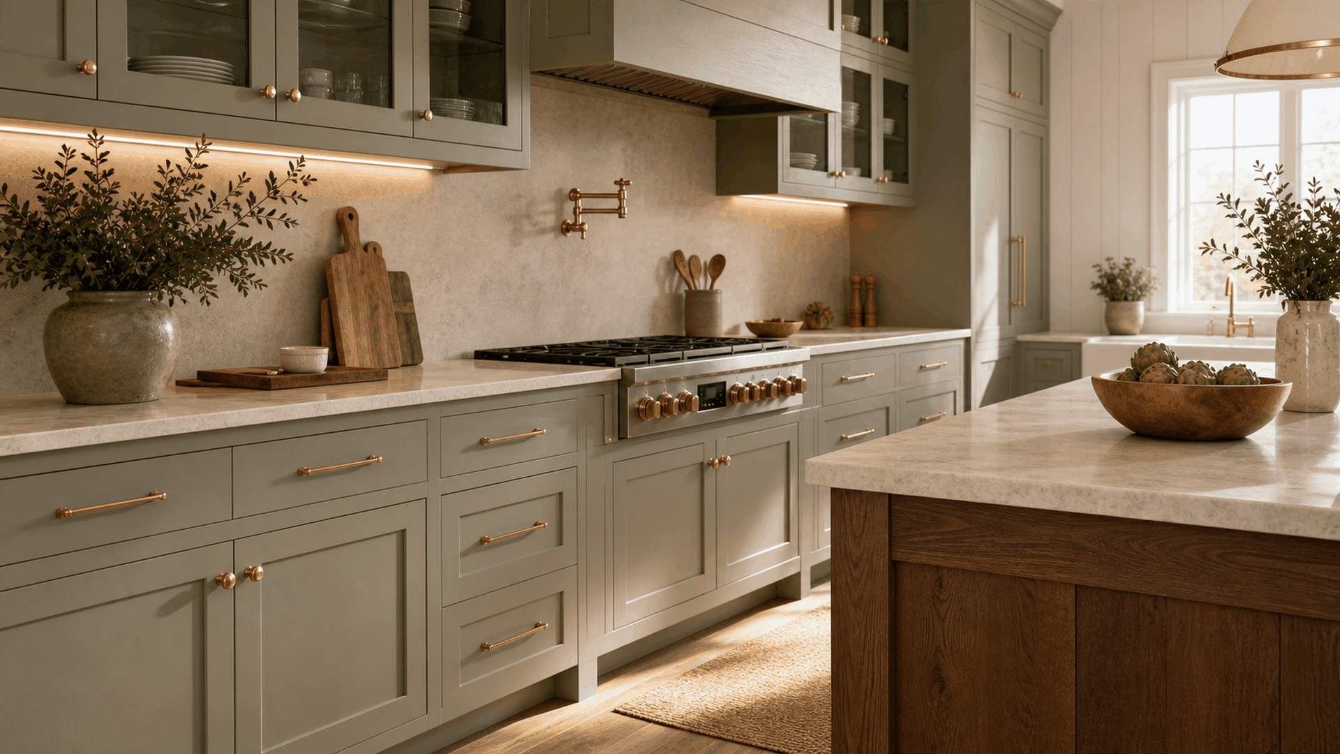 A finished custom kitchen with painted Shaker cabinetry, a wood island, and brushed-brass hardware in a Greater Portland home.