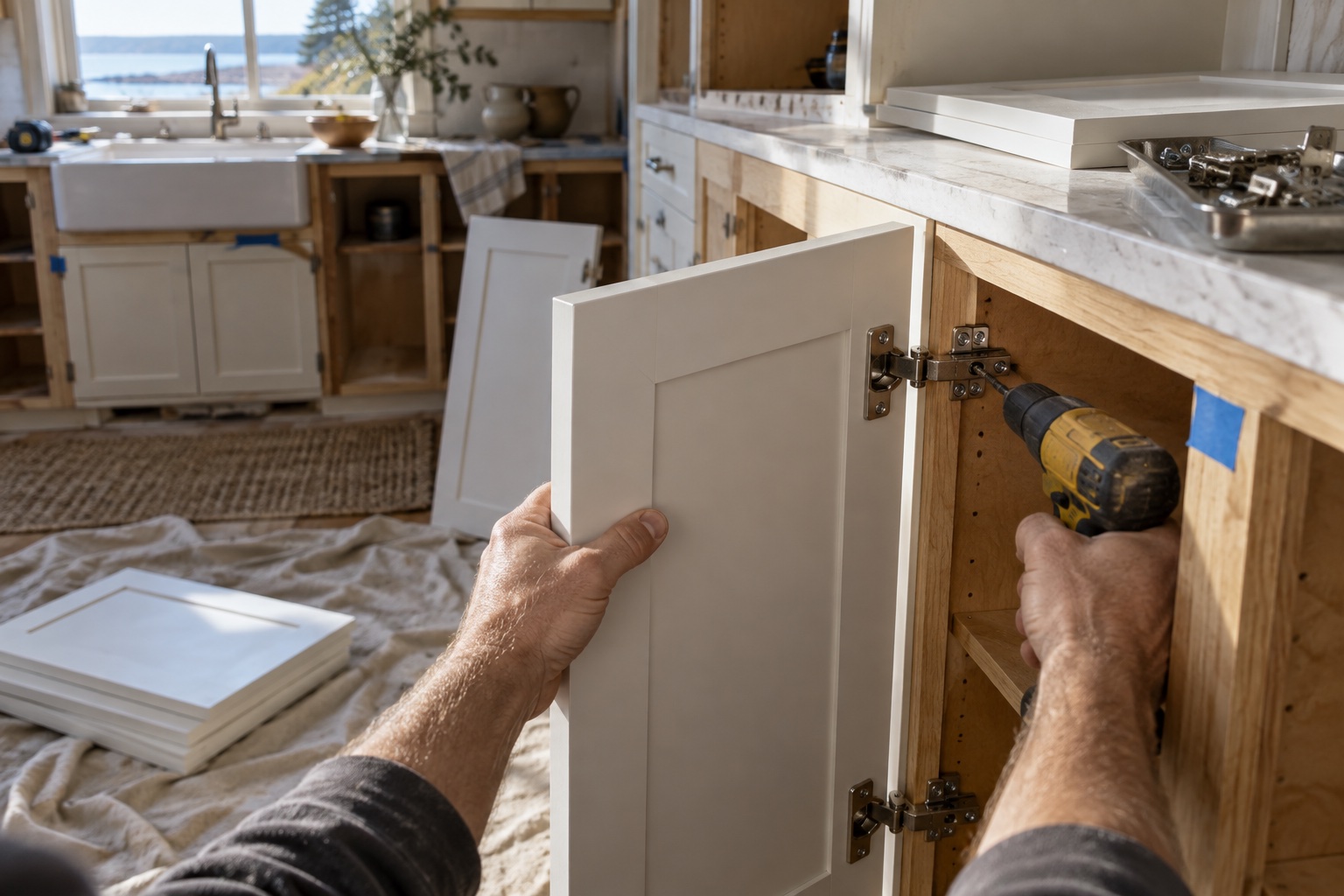 A homeowner hangs a new white shaker-style cabinet door onto an existing cabinet box in a Maine kitchen mid-renovation.