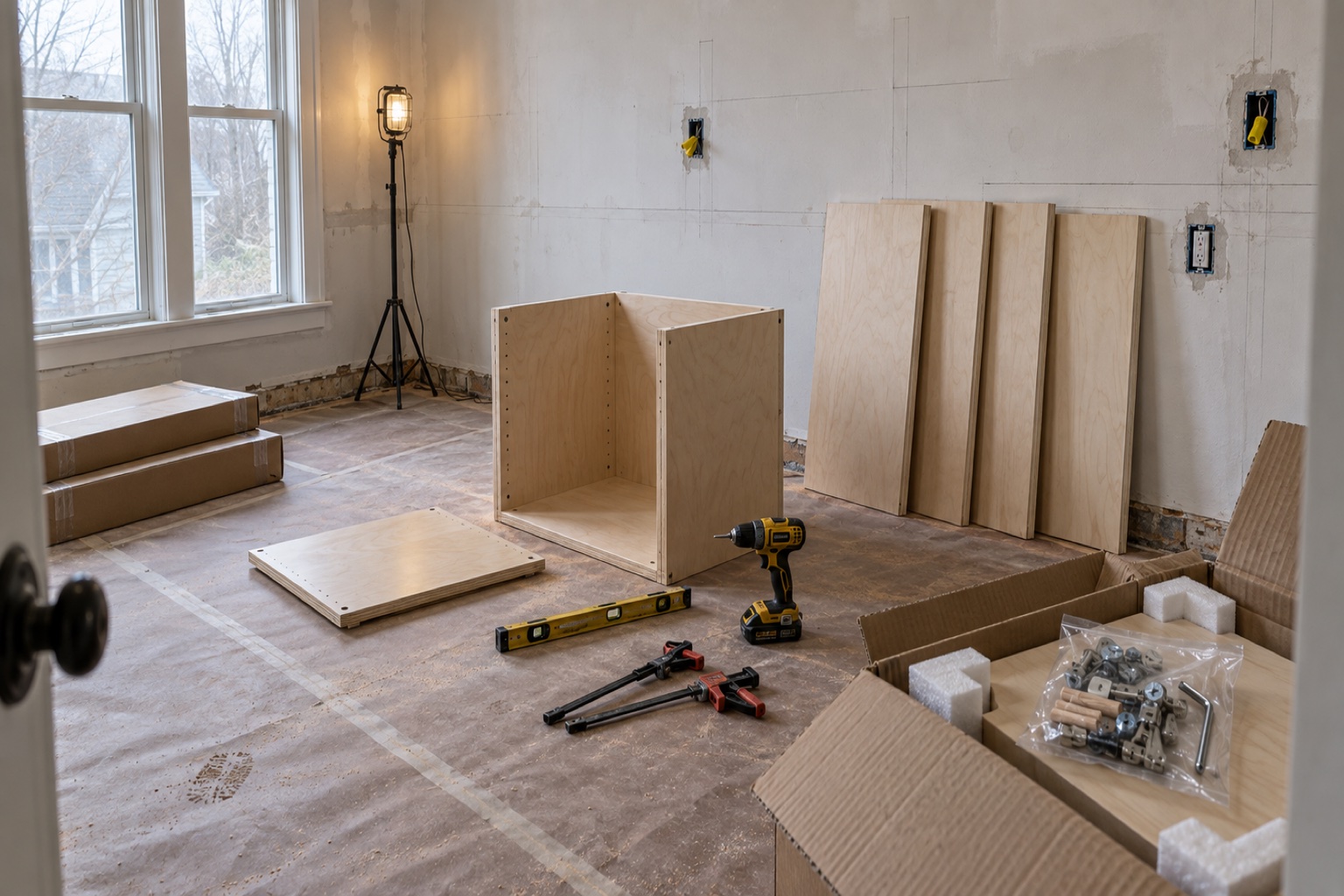 A half-assembled flat-pack cabinet box, opened cartons of hardware and pre-cut plywood panels laid out on the protected floor of a New England kitchen mid-renovation.