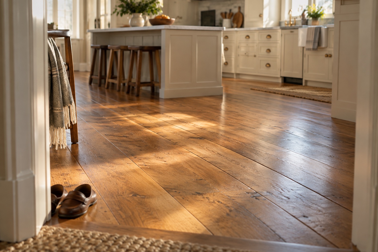 Warm honey-toned wide-plank hardwood floor in a sunlit New England kitchen